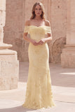 Yellow Mermaid Off the Shoulder Long Prom Dress with Floral Embroidery