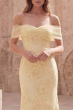 Yellow Mermaid Off the Shoulder Long Prom Dress with Floral Embroidery