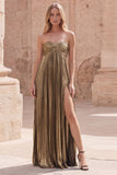 Dark Gold A-Line Sweetheart Ruched Sleeveless Long Prom Dress with Slit