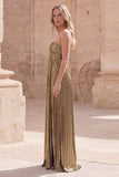 Dark Gold A-Line Sweetheart Ruched Sleeveless Long Prom Dress with Slit