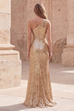 Sparkly Gold Mermaid One Shoulder Ruched Long Prom Dress with Slit