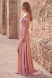 Pink A-Line Off the Shoulder Ruched Satin Long Prom Dress with Slit