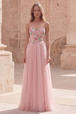 Sparkly Pink A-Line Sweetheart Appliqued Tulle Prom Dress with Beading