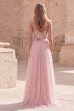 Sparkly Pink A-Line Sweetheart Appliqued Tulle Prom Dress with Beading