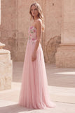 Sparkly Pink A-Line Sweetheart Appliqued Tulle Prom Dress with Beading