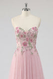 Sparkly Pink A-Line Sweetheart Appliqued Tulle Prom Dress with Beading