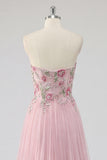 Sparkly Pink A-Line Sweetheart Appliqued Tulle Prom Dress with Beading