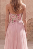 Sparkly Pink A-Line Sweetheart Appliqued Tulle Prom Dress with Beading