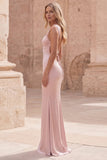 Pink Mermaid Spaghetti Straps Satin Long Prom Dress with Lace-up Back