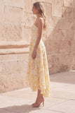Yellow A-Line Sweetheart Midi Floral Dress with Appliques