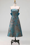Peacock Blue Strapless A Line Long Floral Formal Dress with Bow