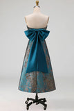 Peacock Blue Strapless A Line Long Floral Formal Dress with Bow