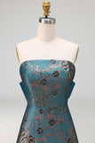 Peacock Blue Strapless A Line Long Floral Formal Dress with Bow