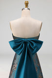 Peacock Blue Strapless A Line Long Floral Formal Dress with Bow