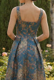 Peacock Blue A Line Sqaure Neck Asymmetrical Formal Dress