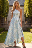 Peacock Blue Jacquare One Shoulder A Line Asymmetrical Floral Formal Dress