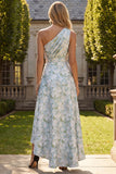 Peacock Blue Jacquare One Shoulder A Line Asymmetrical Floral Formal Dress