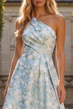 Peacock Blue Jacquare One Shoulder A Line Asymmetrical Floral Formal Dress