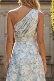 Peacock Blue Jacquare One Shoulder A Line Asymmetrical Floral Formal Dress
