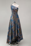 Peacock Blue Jacquare One Shoulder A Line Asymmetrical Floral Formal Dress