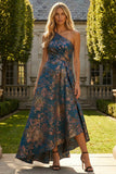 Peacock Blue Jacquare One Shoulder A Line Asymmetrical Floral Formal Dress
