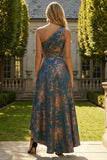 Peacock Blue Jacquare One Shoulder A Line Asymmetrical Floral Formal Dress