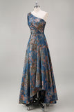 Peacock Blue Jacquare One Shoulder A Line Asymmetrical Floral Formal Dress