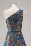 Peacock Blue Jacquare One Shoulder A Line Asymmetrical Floral Formal Dress