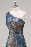 Peacock Blue Jacquare One Shoulder A Line Asymmetrical Floral Formal Dress