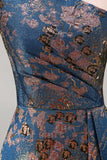 Peacock Blue Jacquare One Shoulder A Line Asymmetrical Floral Formal Dress