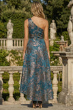 Peacock Blue A Line One Shoulder Asymmetrical Jacquare Formal Dress
