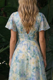 Light Green Floral V-Neck A Line Long Formal Dress