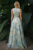 Light Green A Line Boat Neck Floral Long Formal Dress