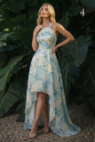 Light Green A Line Floral High-Low Formal Dress