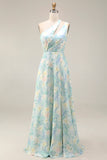 Light Green A Line Cut Out Long Floral Formal Dress with Slit