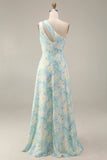 Light Green A Line Cut Out Long Floral Formal Dress with Slit