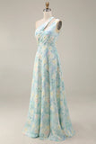 Light Green A Line Cut Out Long Floral Formal Dress with Slit