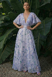 Light Purple V-Neck Backless Long Floral A Line Formal Dress
