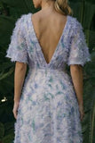 Light Purple V-Neck Backless Long Floral A Line Formal Dress