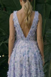 Light Purple Floral Asymmetrical A Line Backless Formal Dress