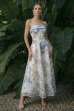 Light Blue Long Floral A Line Formal Dress with Bows