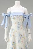 Light Blue Long Floral A Line Formal Dress with Bows
