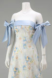 Light Blue Long Floral A Line Formal Dress with Bows
