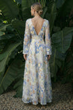 Light Blue A Line Long Sleeves Floral V-Neck Formal Dress