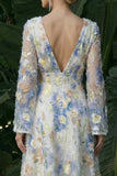 Light Blue A Line Long Sleeves Floral V-Neck Formal Dress