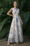 Light Blue Long Floral A Line Formal Dress