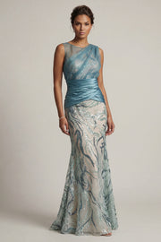 Lake Blue Sequin Mermaid Ruched Mother Of the Bride Dress