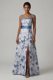 Square Neck A Line Dusty Blue Floral Mother Of Bride Dress