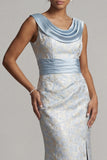 Cowl Neck Mermaid Light Blue Brocade Mother Of Bride Dress