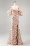 Champagne Off the Shoulder Mermaid Sequins Long Mother Of the Bride Dress with Slit